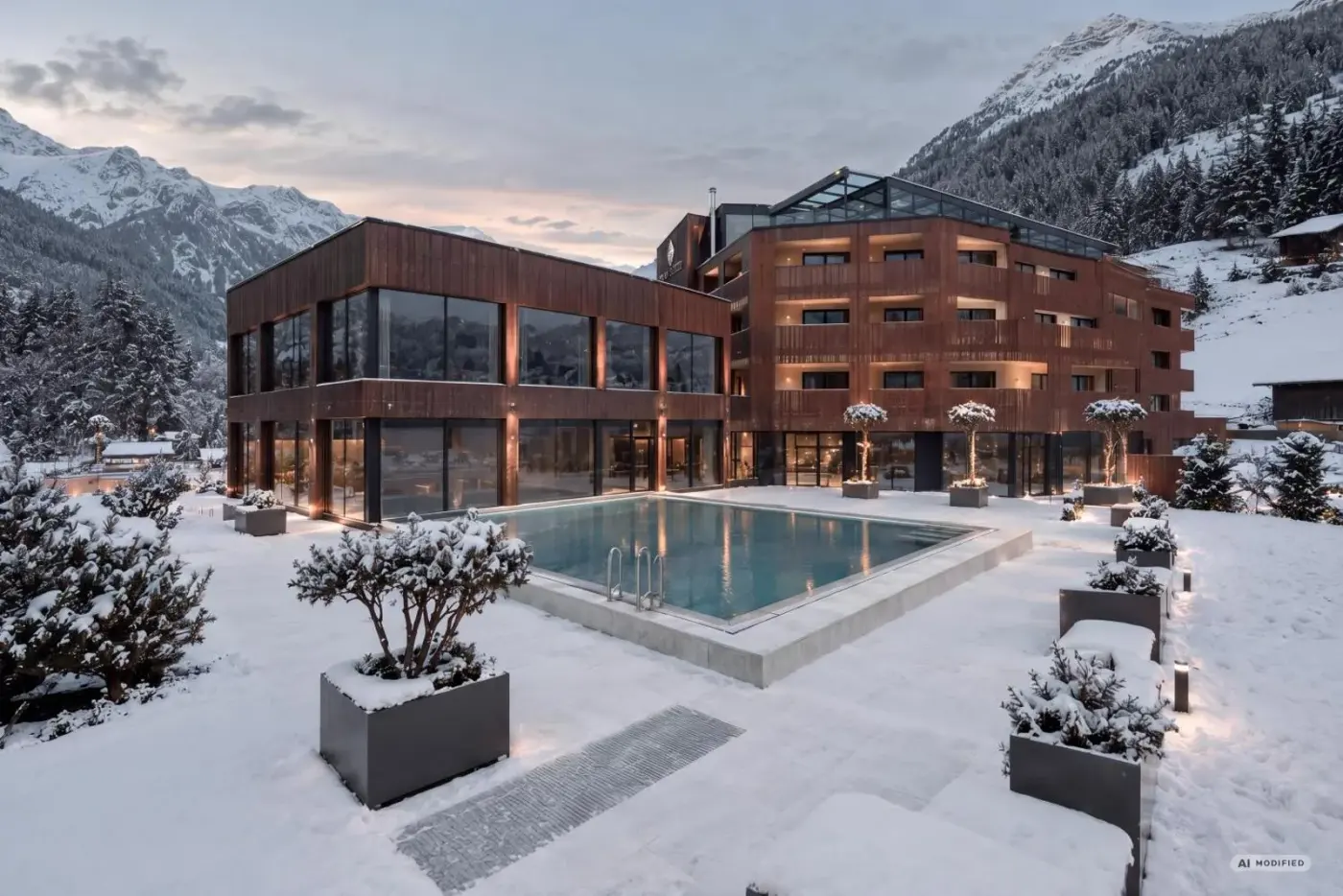 Modern alpine resort exterior beside an outdoor pool surrounded by snow at AlpenParks The Secret Sölden in Sölden, Austria.