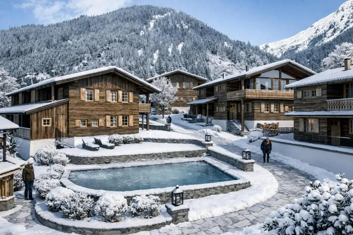 Timber chalet exteriors beside an outdoor pool surrounded by snow at Bergdorf Vermala Gut in Sankt Gallenkirch, Austria.