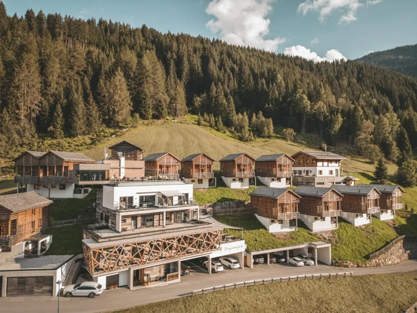 Timber chalet resort on a green alpine hillside at Bergwiesenglück Boutique Hotel and Chalets in See, Austria.